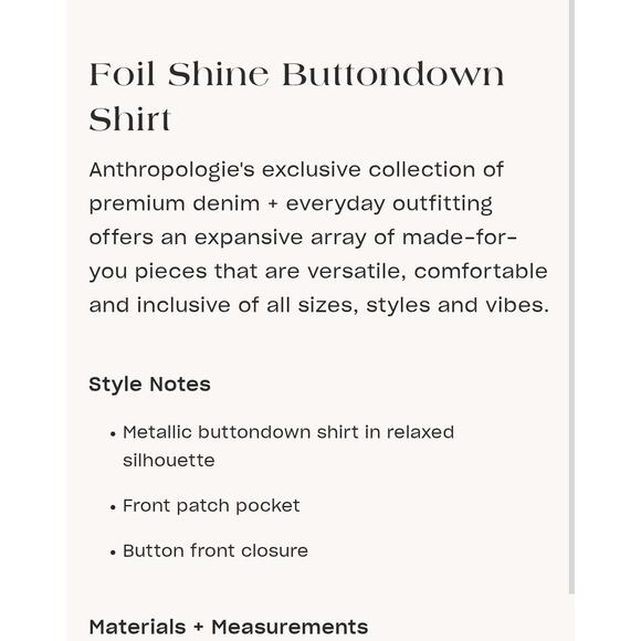 Pilcro by Anthropologie Foil Shine Button Down Shirt NWT - Picture 15 of 15